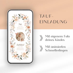 Digitale uitnodiging voor doop of communie | Geanimeerde doopuitnodiging met foto | Uitnodiging Kerkdoop met bloemen en vlinders