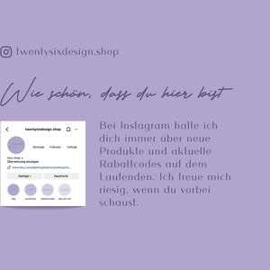 Op de afbeelding: Een lichtpaarse afbeelding met de Instagram-naam twentysixdesign.shop, de tekst Wie sch&ouml;n, dass du hier bist, en een screenshot van een Instagram-profielpagina met ronde iconen gelabeld faq, produkte, rabattcodes en das bin ich.