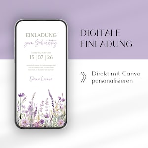 Convite digital do WhatsApp com flores silvestres para aniversário ou festa no jardim | Convite de aniversário flores roxas e lavanda | Modelo Canva