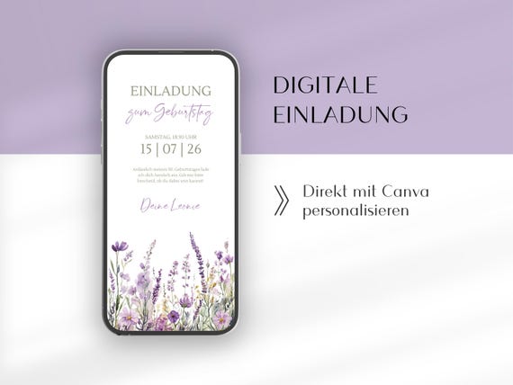 Digitale WhatsApp Einladung mit Wildblumen für Geburtstag oder Gartenparty | Geburtstagseinladung lila Blumen und Lavendel | Canva Vorlage