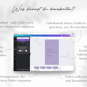 May include: A screenshot of a computer screen showing a web-based design tool. The tool allows users to customize a presentation template by adding text, uploading music, and adjusting the duration of each slide. The template is a purple rectangle with the text "DEINE VORLAGE" in white.