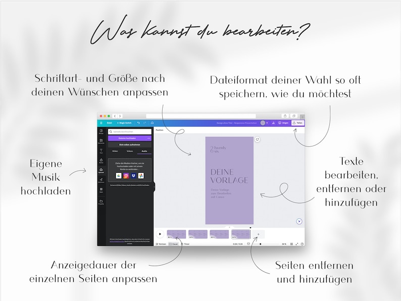 May include: A screenshot of a computer screen showing a web-based design tool. The tool allows users to customize a presentation template by adding text, uploading music, and adjusting the duration of each slide. The template is a purple rectangle with the text "DEINE VORLAGE" in white.