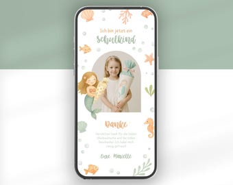 Digital thank you card with photo | Thank you card/thank you note for starting school with a pink mermaid design | Back to school thank you via WhatsApp
