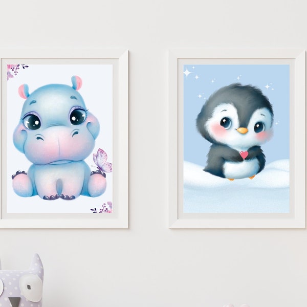 Cute Baby Animals Nursery Art - Adorable Prints of Baby Penguin and Baby Hippo for any Nursery.