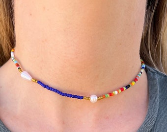 Boho Beaded Necklace, Colourful Beaded Choker, Dainty Beaded Necklace, Glass Seed Bead Necklace