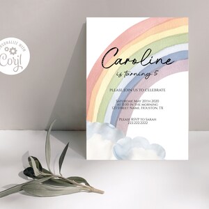 Rainbow Birthday Invitation, Editable Girls Birthday Invitation, Watercolor Rainbow Invitation, Corjl Instant Download