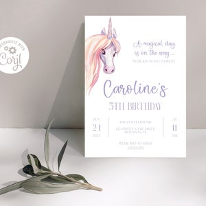 Unicorn Verjaardag Uitnodiging Sjabloon, Magische Eenhoorn Uitnodiging, Aquarel Eenhoorn, Bewerkbare Eenhoorn Uitnodiging, Corjl Instant Download