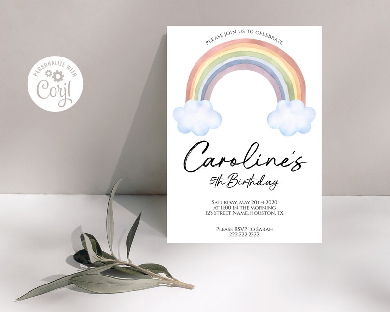 Rainbow Birthday Invitation Template, Girls Birthday Invitation