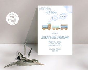 Chugga Chugga Two Two, Second Birthday Invitation Template, Train Birthday Invitation, Boys Second Birthday, Editable Corjl Instant Download