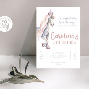 Unicorn Birthday Invitation Template, Editable Girls Unicorn Birthday Invite, Magical Unicorn, Corjl Instant Download