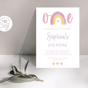 Rainbow First Birthday Invitation Template, Girls 1st Birthday Invitation, Watercolor Rainbow, Editable Corjl Instant Download