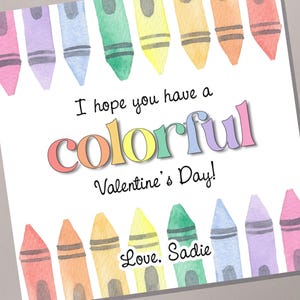 Colorful Crayon Valentine&#39;s Tag Template, Rainbow Valentine&#39;s Day, Girls Class Valentine, Paint Color Valentine Tag Corjl Instant Download