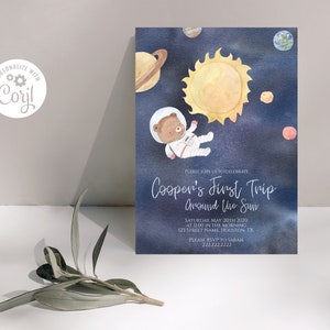 First Trip Around the Sun Birthday Invitation, Editable Boys First Birthday Invitation, Watercolor Space Invitation, Corjl Instant Download