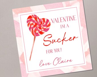 I'm a Sucker For You Valentine Tag Template, Lollipop Valentine, Girls Class Valentine, Red/Pink Candy Valentine Tag, Corjl Instant Download