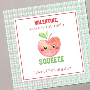 Modelo de etiqueta de dia dos namorados editável com molho de maçã, Main Squeeze, Class Valentine Tag, Você é meu Main Squeeze Valentine, Corjl Download instantâneo