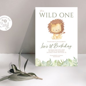 Wild One Birthday Invitation Template, Boys Jungle First Birthday Invitation, Lion First Birthday Invite, Editable Corjl Instant Download