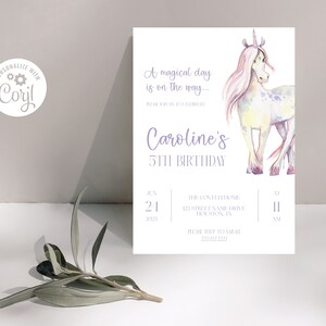 Unicorn Verjaardag Uitnodiging Sjabloon, Aquarel Eenhoorn Uitnodiging, Meisjes Verjaardag, Corjl Instant Download