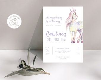 Plantilla de invitación de cumpleaños de unicornio, invitación de unicornio de acuarela, cumpleaños de niñas, descarga instantánea de Corjl