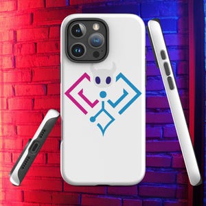 Puede incluir: Funda de teléfono blanca con un diseño geométrico colorido. La funda presenta una ilustración estilizada en tonos rosa, azul y blanco. La imagen muestra la funda desde diferentes ángulos, destacando su diseño.