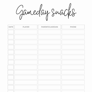 Gameday snack sign up sheet