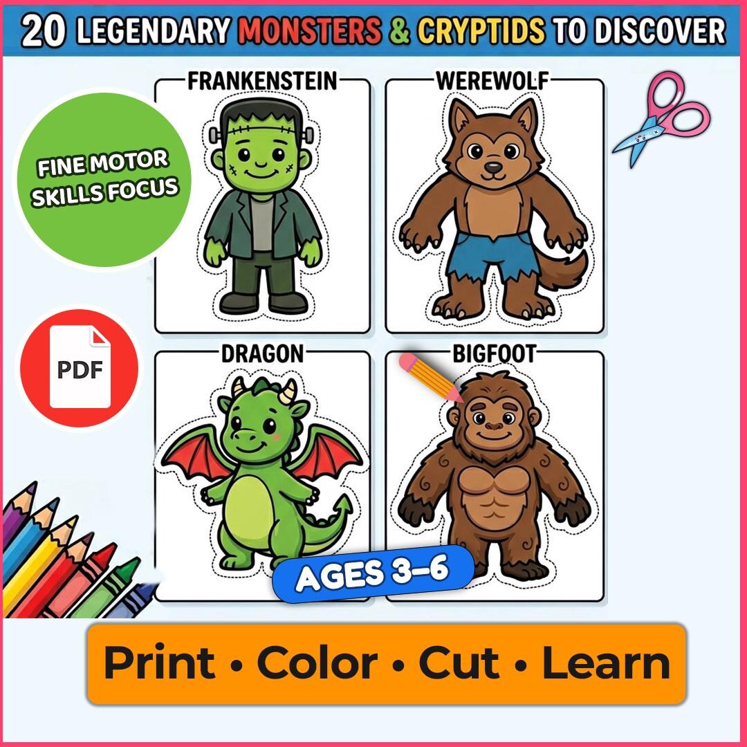 Scissor Skills for Toddlers | 20 Monster & Cryptid Activity Pages ...