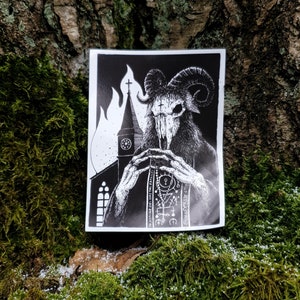 May include: Black and white illustration of a goat-headed figure wearing a robe and holding a rosary. The figure is standing in front of a church with flames behind it. The image has the text "INFERNO DEI" and "CHIESA OSSESSA" on it.