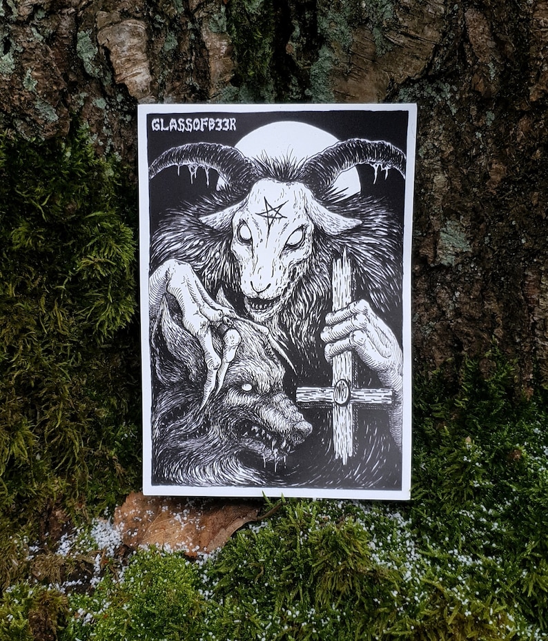May include: Black and white illustration of a goat-like creature with horns and a pentagram on its forehead, holding a cross and a wolf-like creature in its claws. The image is on a white background with the text "GLASSOFF33R" at the top.