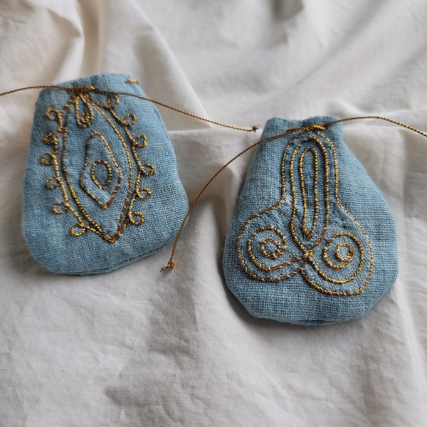 Hand-Dyed Linen Amulet Pouch, Drawstring bag for small trinkets, Phallic or Yonic