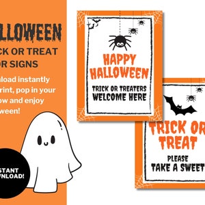 Op de afbeelding: Twee printbare Halloween-deurtekens. Het eerste teken is oranje met een zwarte spin en zegt "Happy Halloween Trick or Treaters Welcome Here". Het tweede teken is oranje met een zwarte vleermuis en zegt "Trick or Treat Please Take a Sweet".