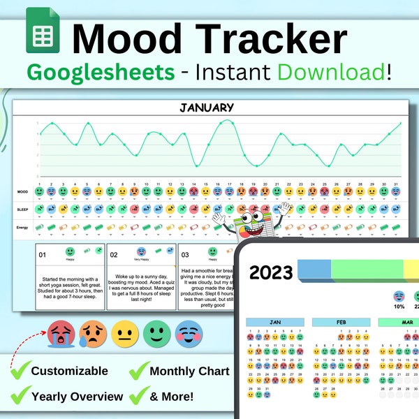 Mood Tracker, Google Sheets Template, Daily Mood Tracker, Mood Tracker Journal, Mood Chart, Emotion Tracker, Monthly Mood Tracker, Mood Log