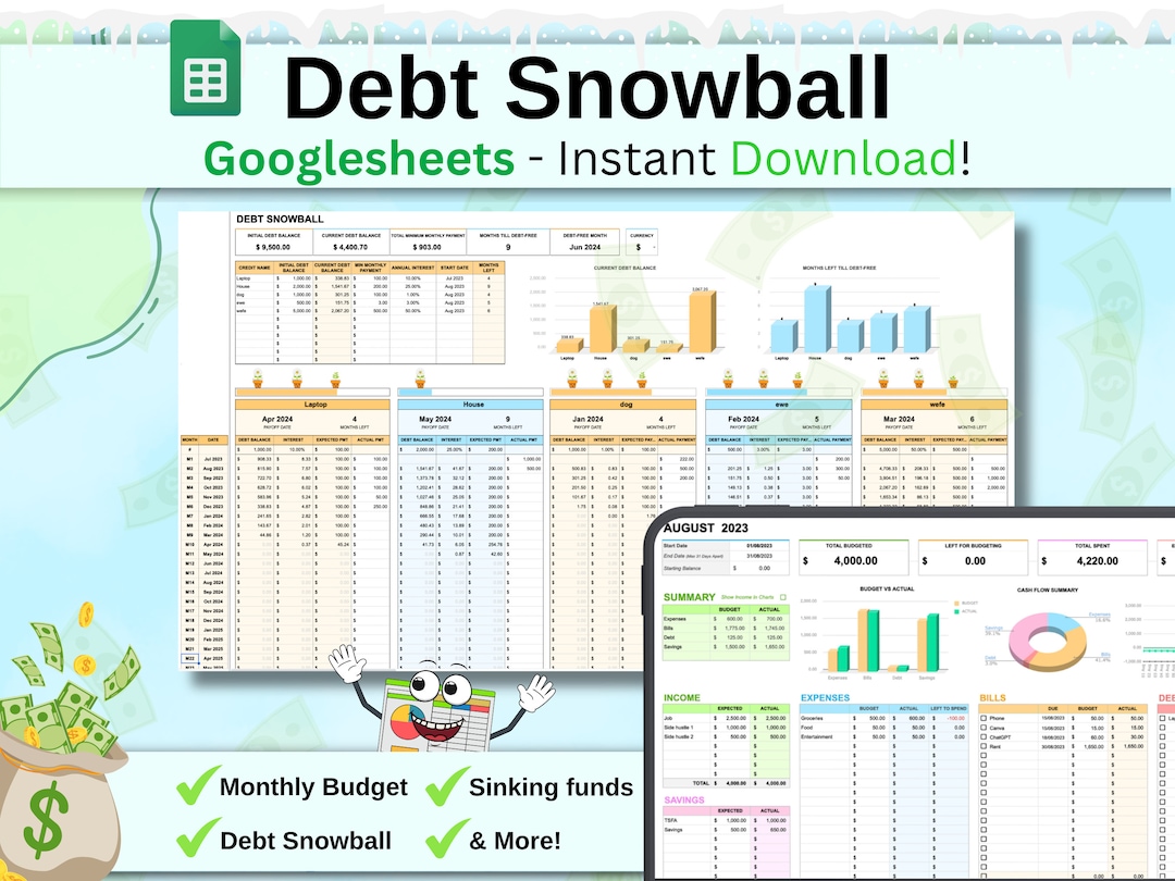 Debt Snowball, Monthly Budget Spreadsheet, Debt Payoff Tracker ...