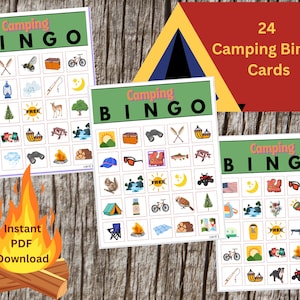 Imprimables de bingo de camping.  Cartes de bingo imprimables. Jeu de camping familial. Jeu de réunion de famille. Conception de camping. Fête d'anniversaire en camping.