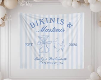 Custom Bikinis and Martinis Banner - Personalized Coastal Bachelorette Tapestry Photo Backdrop Sign
