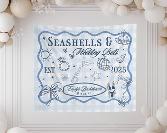 Personalized Seashells and Wedding Bells Bachelorette Tapestry Custom Bachelorette Decoration Coastal Bridal Shower Banner Custom Backdrop