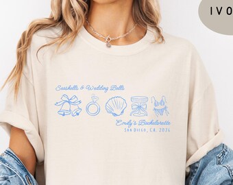 Personalized Seashells and Wedding Bells Bachelorette Party Shirts: Custom Coastal Bachelorette Bridal Party Tshirts