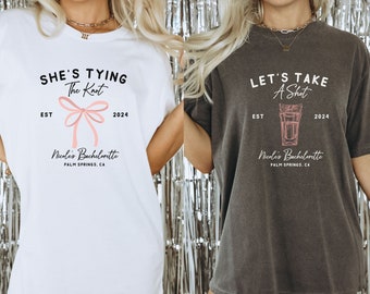 Shes Tying The Knot Bachelorette Party Theme Shirt, Custom Coquette Bachelorette Shirts, Personalized Trendy Oversized Bridal Party Gifts