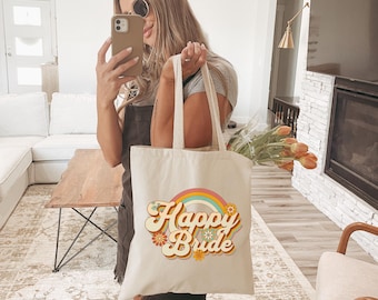 Retro Happy Bride Tote Bag, Groovy Bride Beach Bag, Reusable Canvas Tote Bag for Bride, Gift for Bride, Camp Bachelorette Gift Bags
