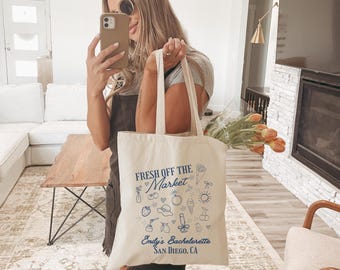 Personalized Fresh Off The Market Bachelorette Tote Bags - Custom Canvas Bridal Party Gift Bags