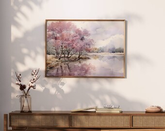 Pink Spring Pond Landscape Print, Vintage Wall Art, Pink Wall Art, Landscape Home Decor, Trendy Wall Art, Digital Download