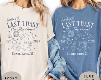 Last Toast On The Coast Bachelorette Shirts Custom Beach Bachelorette Group Shirt Personalized Bridal Party Gifts Bikinis and Martinis