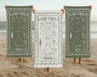 Custom Camp Bachelorette Beach Towel - Personalized Pool Towel Bridal Party Gifts Camping Bachelorette Lake Theme