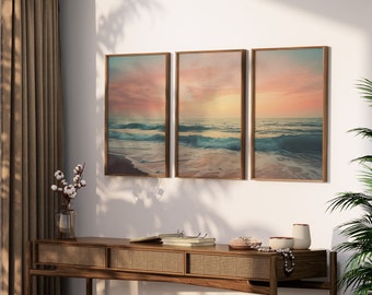 Set of 3 Prints, Sunset Print, Coastal Print Set, Neutral Print, Beach Landscape, Ocean Wall Art, Gallery Wall, Digital Download
