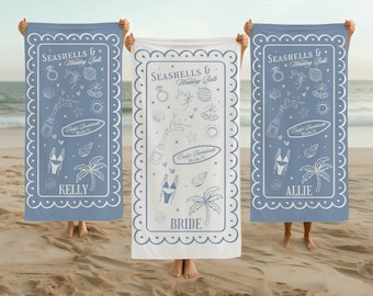 Custom Bachelorette Beach Towel Personalized Seashells and Wedding Bells Bachelorette Party Pool Towel Bridal Party Gifts Beach Bachelorette
