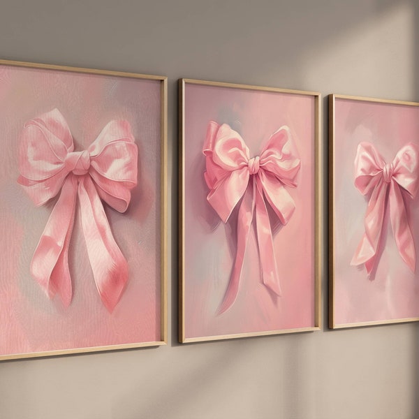 Pink Bow Prints Set of 3, Coquette Wall Art, Trendy Teen Room Decor, Nursery Wall Art, College Apartment Decor, Girly Wall Art Pastel Print