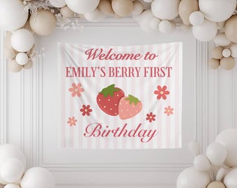 Custom Berry First Birthday Tapestry: Retro Strawberry Floral Theme Backdrop