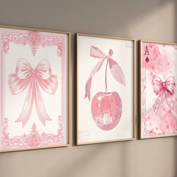 Pink Bow Prints Set van 3, Coquette Wall Art, Trendy Teen Room Decor, Kinderkamer Kunst aan de muur, College Apartment Decor, Girly Wall Art Pastel Print