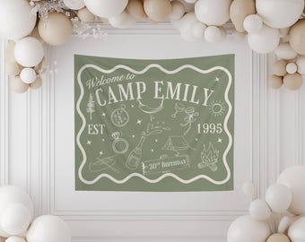 Custom Camp Birthday Banner Photo Backdrop - Camping Theme Party Tapestry Decoration