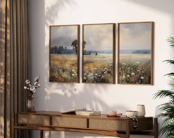 3 pièces d'art mural vintage country, champ de fleurs sauvages, lot de 3 impressions, impression de peinture de paysage, téléchargement numérique