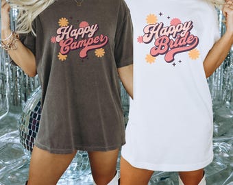 Camp Bachelorette Shirts, Retro Bridal Party Gifts, Happy Camper Happy Bride Group TShirt, 70s Bridal Party, Camping Bride Lake Tee