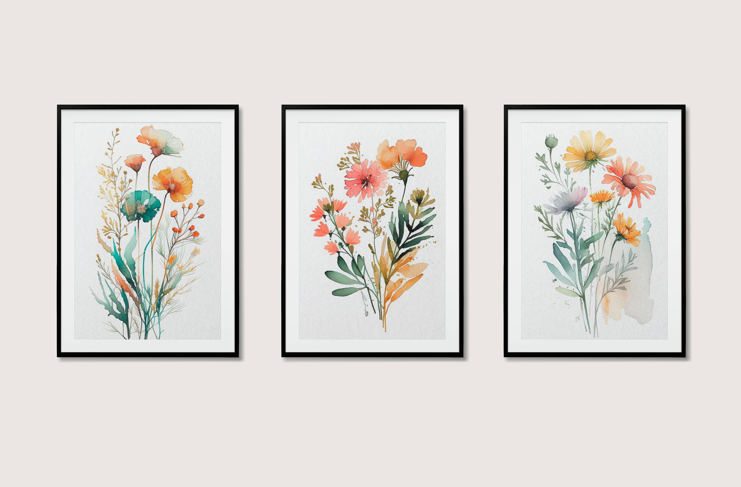 Set of 3 Prints, Watercolor Printable Wall Art, Flower Prints, Print ...
